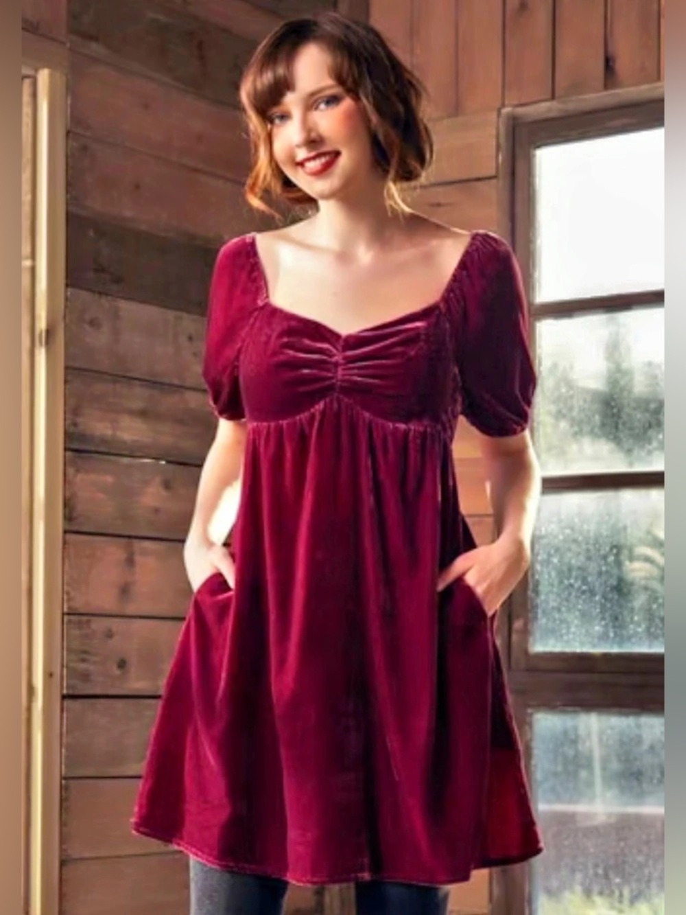 ModCloth Wine Velvet Mini Dress Who's My Sweetheart? Babydoll Dress M NWT